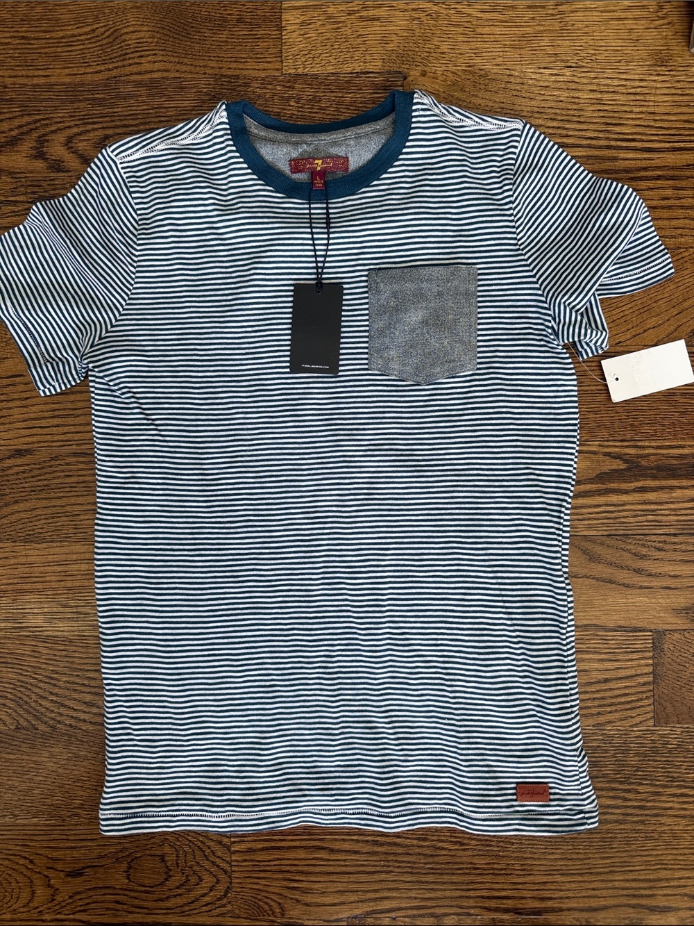 7 For All Mankind Navy & White Thin Stripe Tee with Heather Pocket
